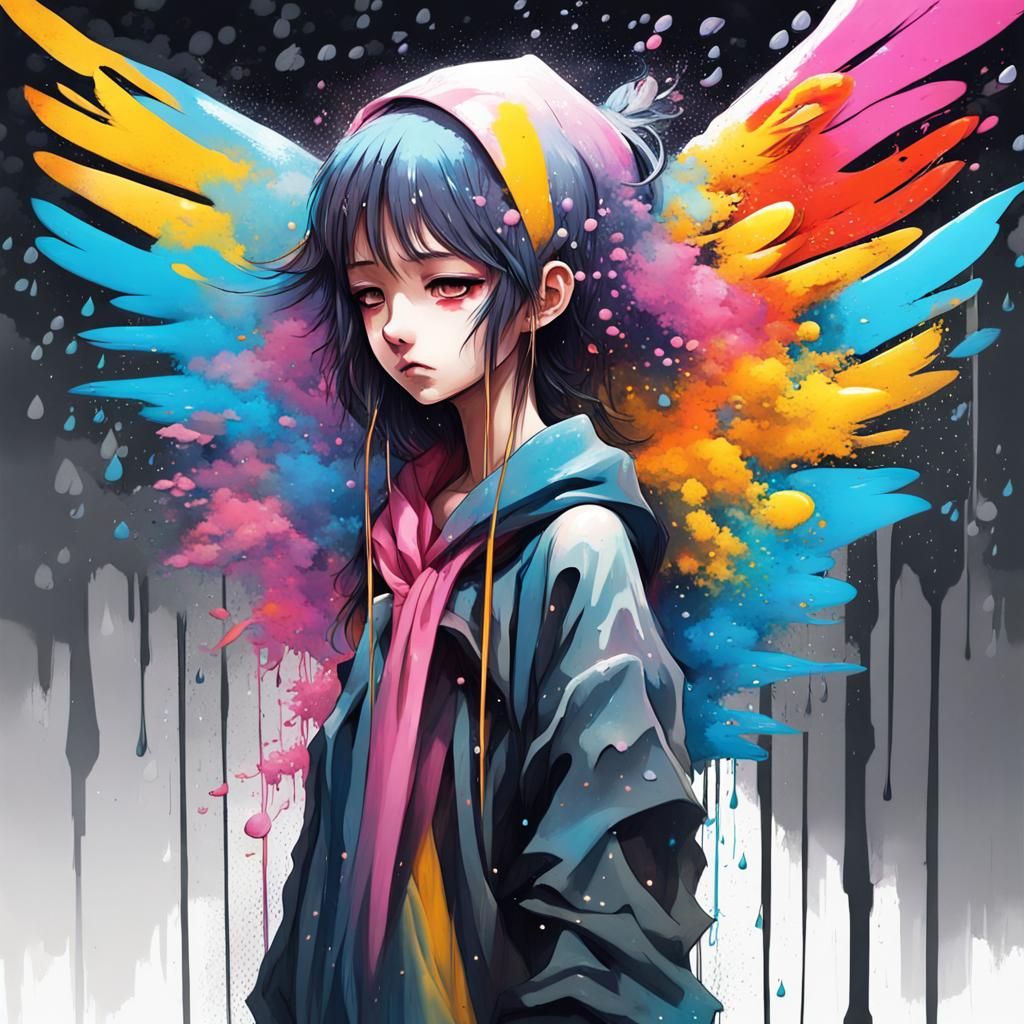 Sad Anime Girl with Rain Cloud Dress in Graffiti Art