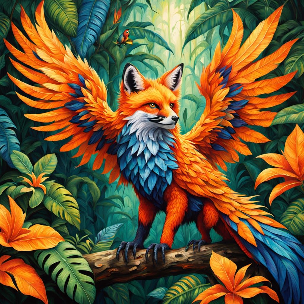 Whimsical Tropical Fox Parrot in Vibrant Oil Painting