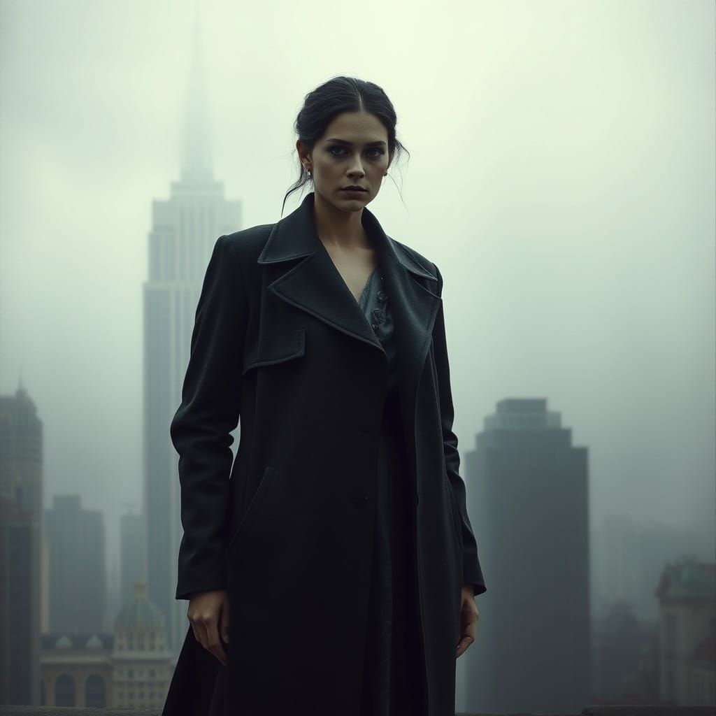 Surreal Cityscape with Timeless Figure in Flowing Coat