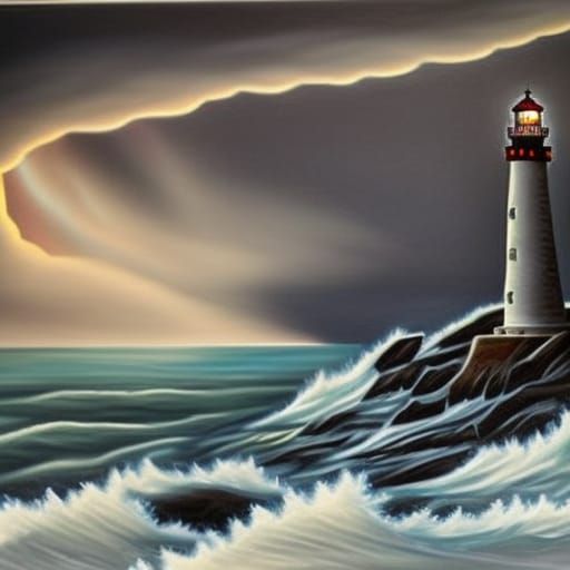 Ghostly Lighthouse and Ship on Stormy Night