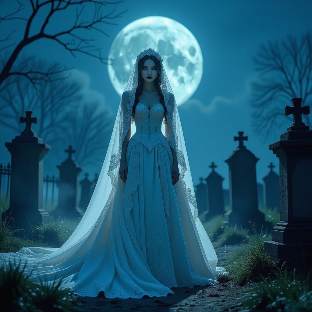 Gothic Bride in Moonlit Graveyard, Tim Burton Style