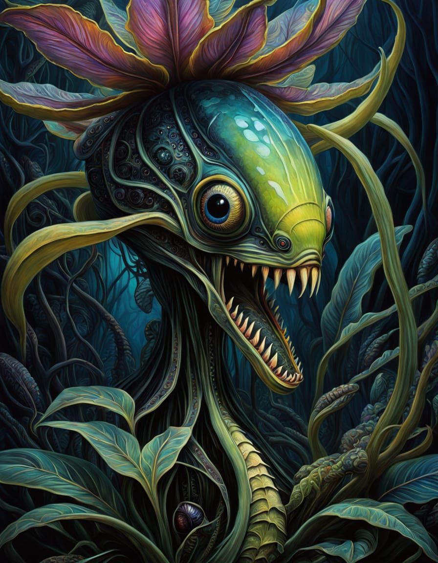 Vibrant Alien Carnivore in Iridescent Feathers