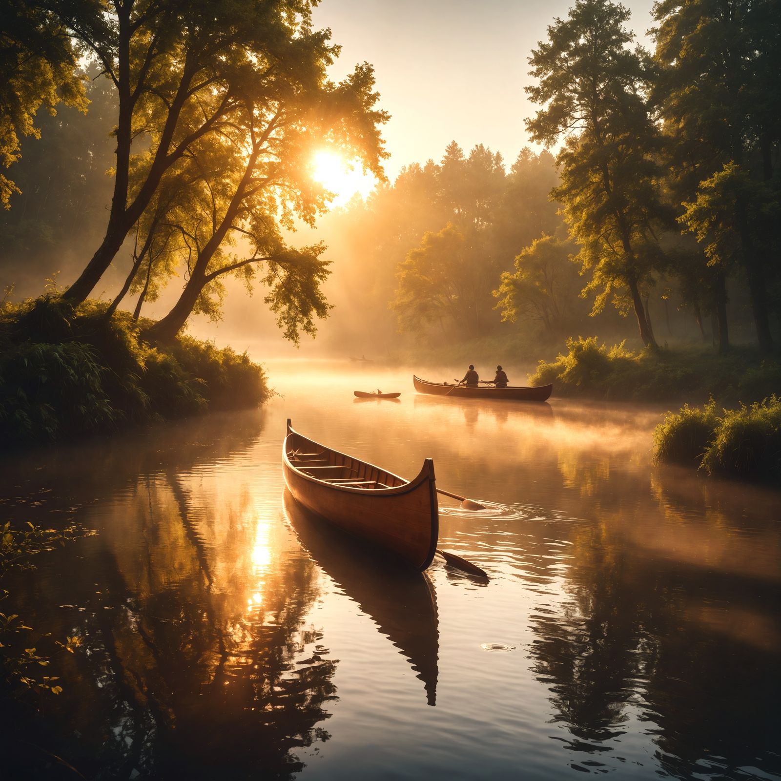 Wooden Canoe on Misty River in Hyper-Realistic Style