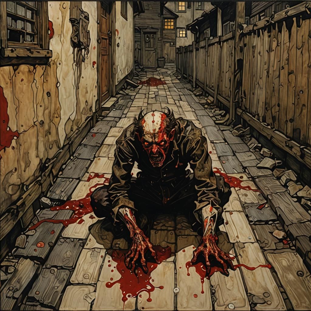 Exhausted Demon Crawling from Dark Alley: Schiele-Inspired A...