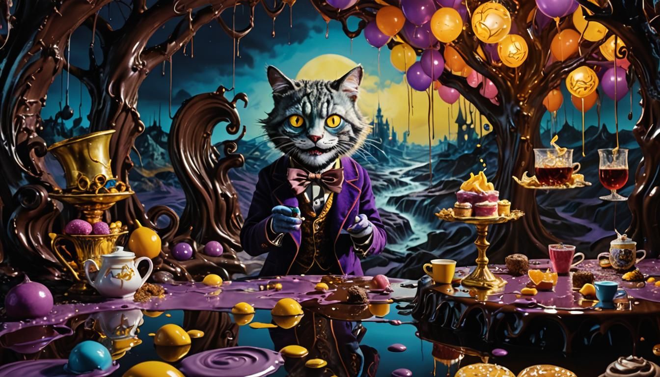 Dark Fantasy: Wonka and Cheshire Cat in Surreal Wonderland