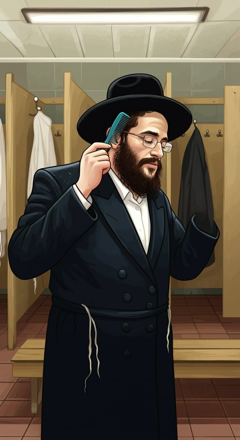 Chassidic Man Grooming Payot in Mikvah: Comic Book Style