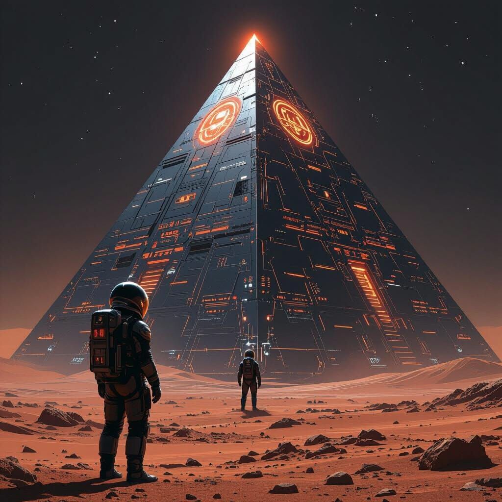 Astronaut and Biomechanical Pyramid on Mars in Dark Style