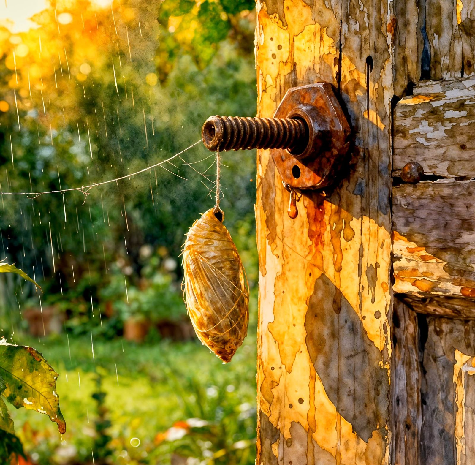 Macro View of Rusted Screw and Cocoon on Old Door