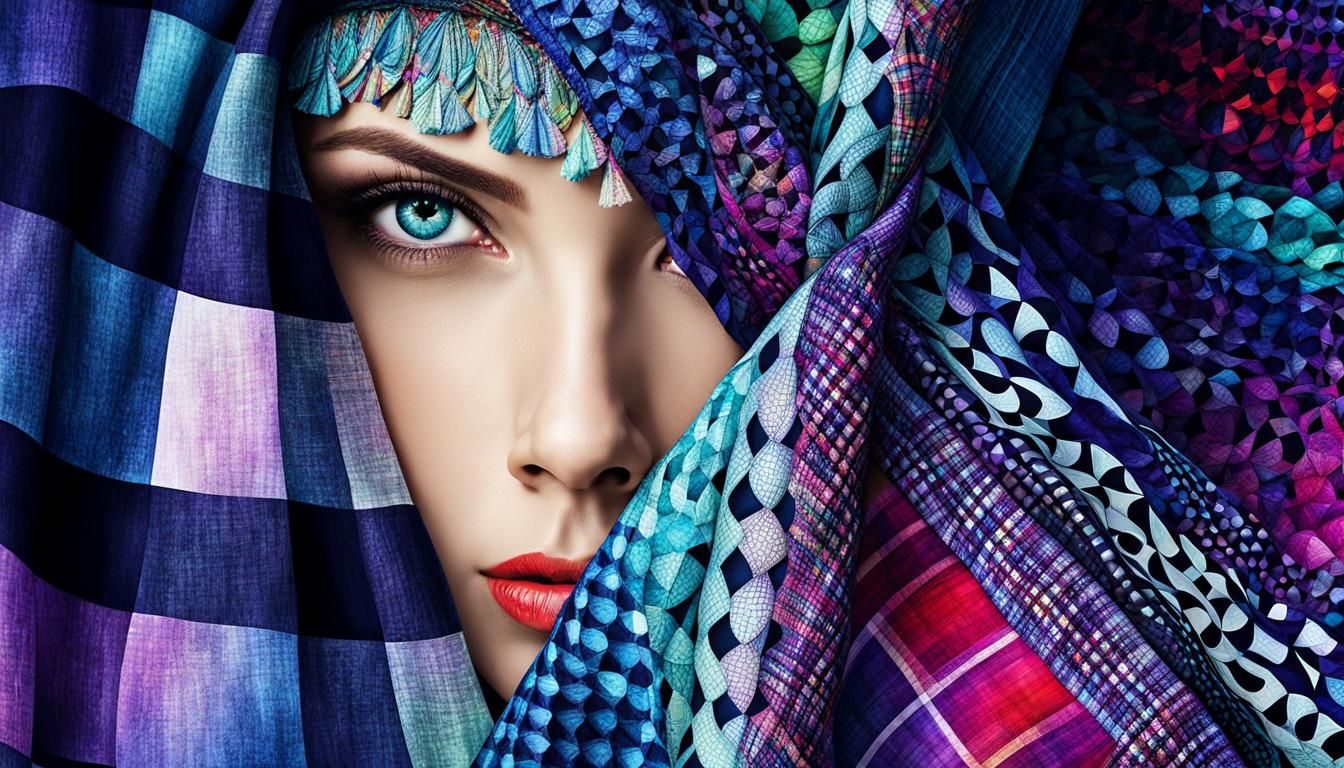 Plaid Drapery Face in Geometric Fiber Art