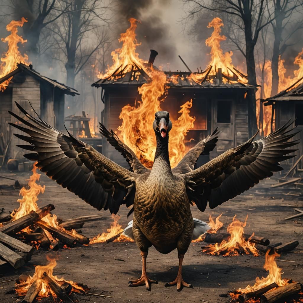 Angry Goose in Burning Farmyard, Sinister Art