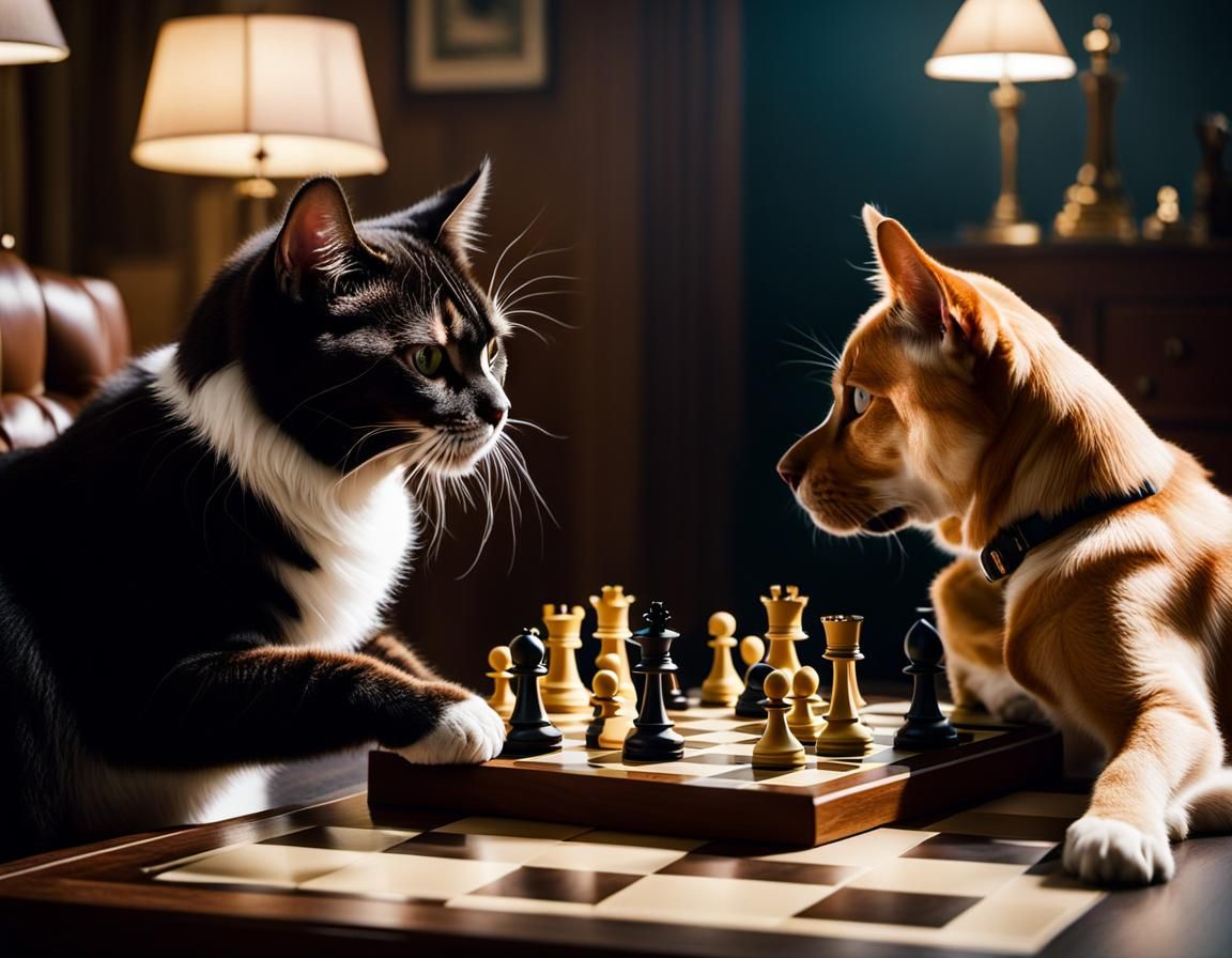 Cinematic Cat and Dog Chess Game