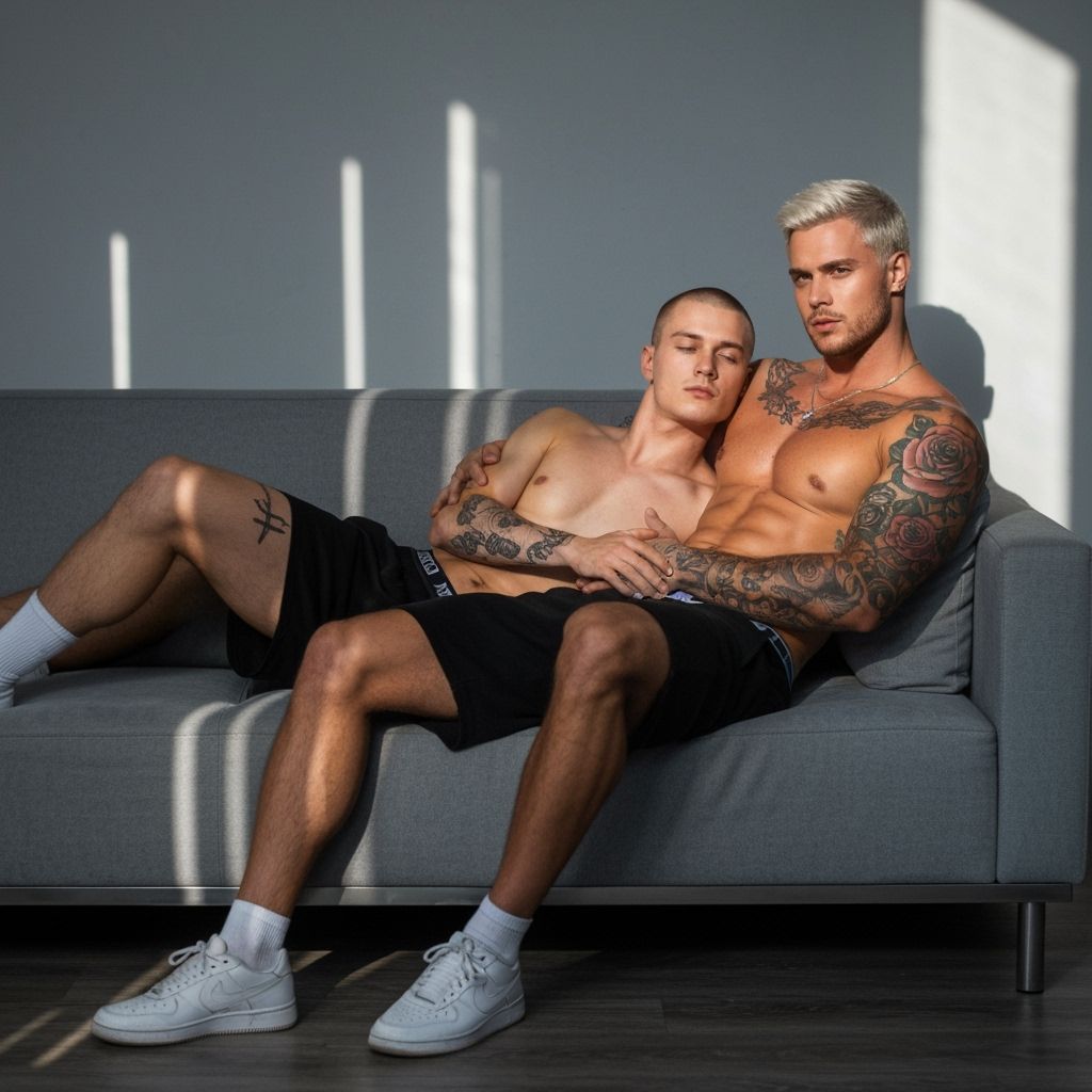 Intimate Portrait of Two Men on Sofa with Dramatic Lighting