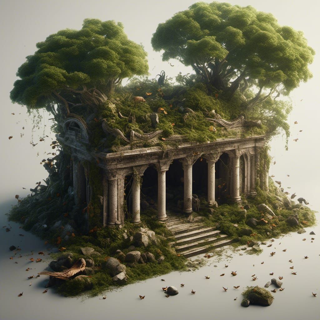 Overgrown Crypt in Forest, Detailed Matte Painting