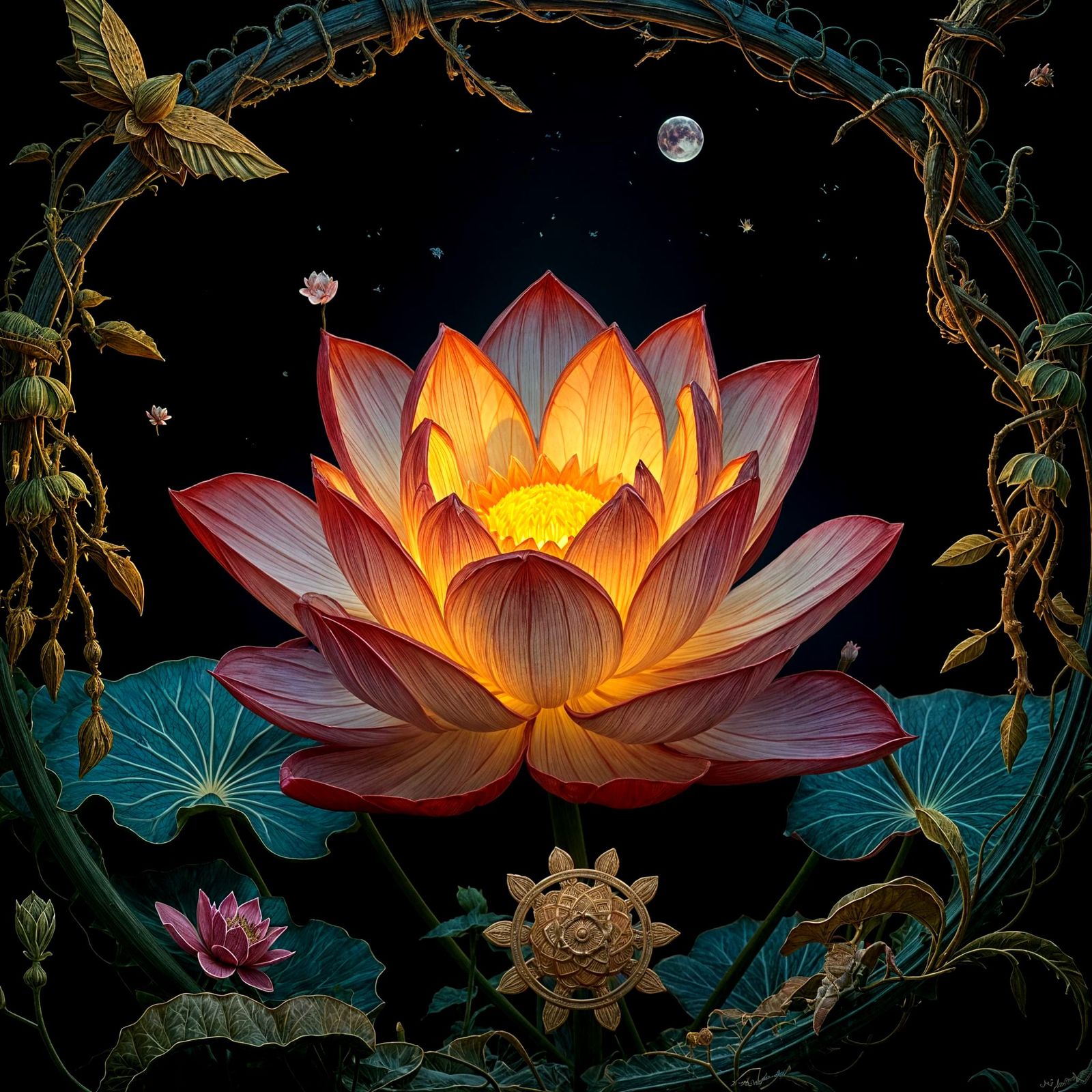 Surreal Lotus Blooms in Whimsical Arthur Rackham Style