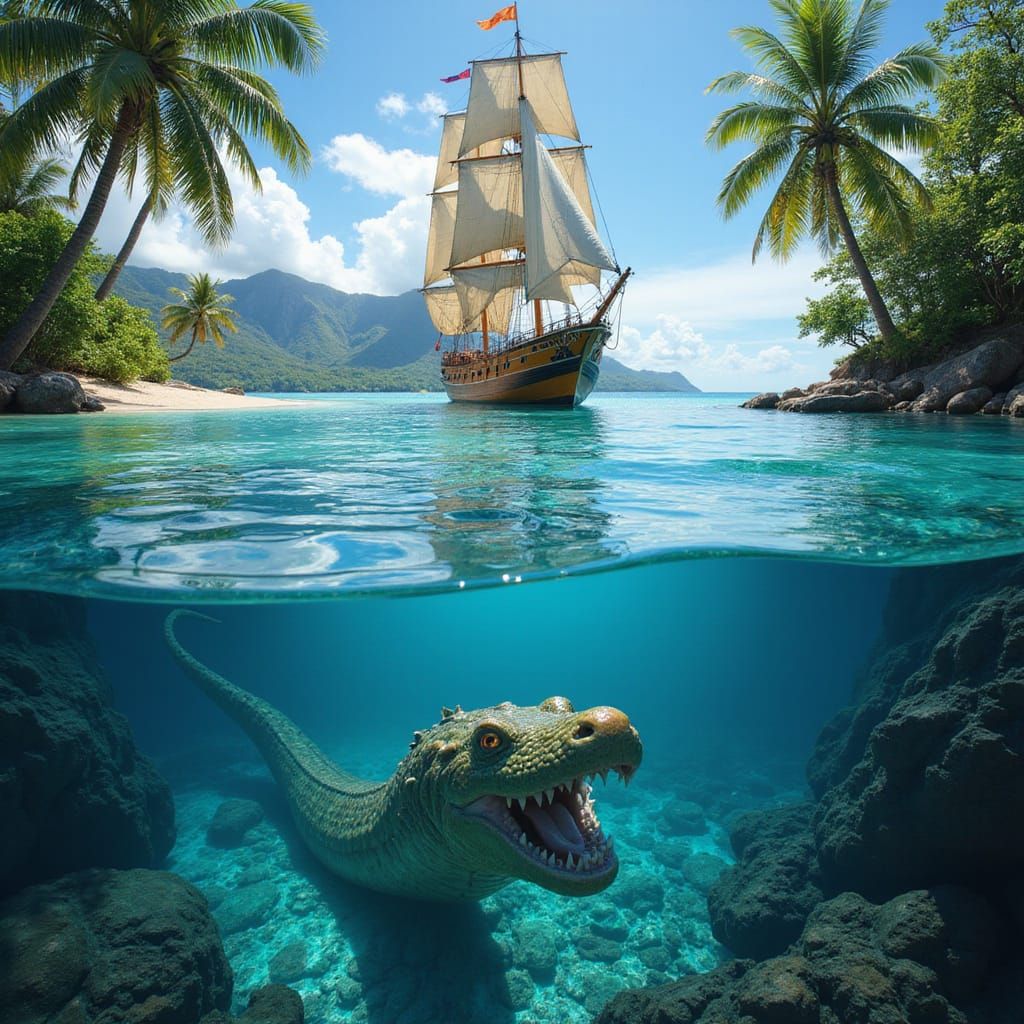 Tahitian Clipper Ship with Sea Serpent: Matte Painting