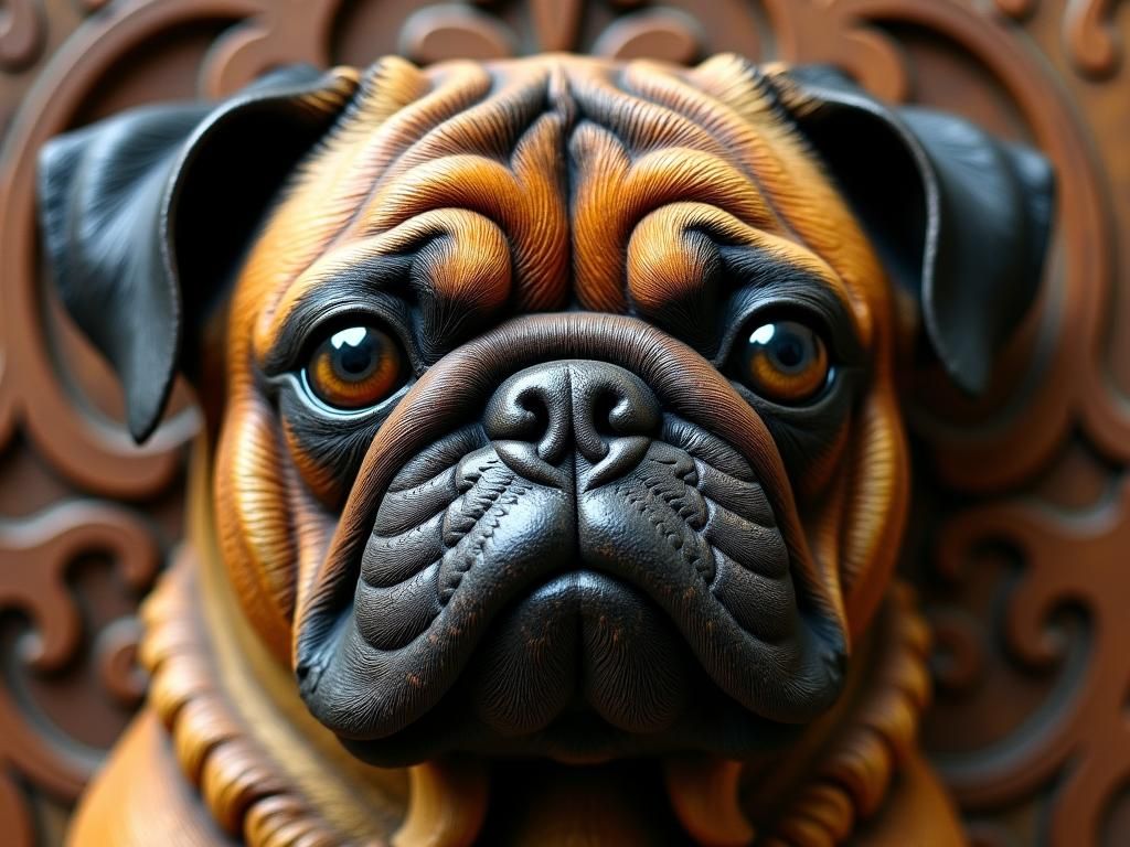 Detailed Wood Carving of a Pug in Medieval Style