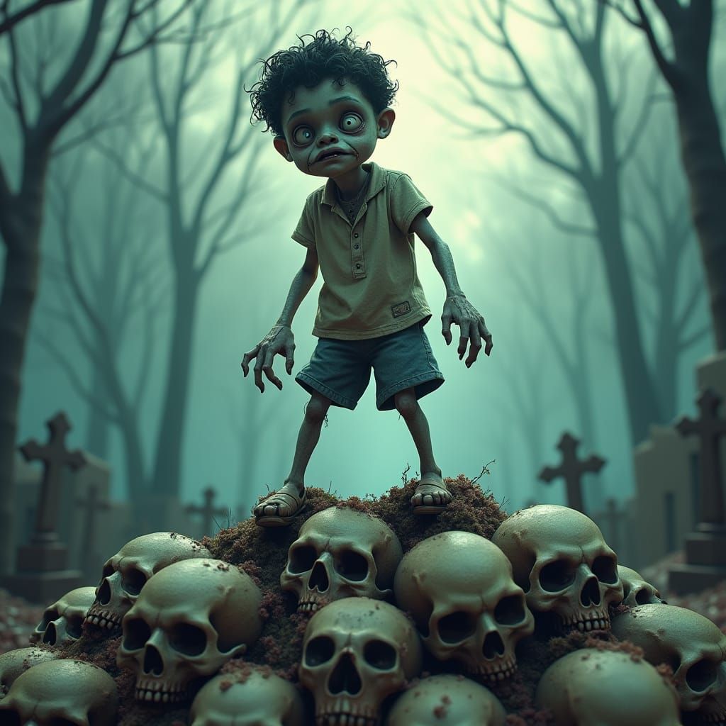 Zombie Boy on Skull Pile in Comic Art Style