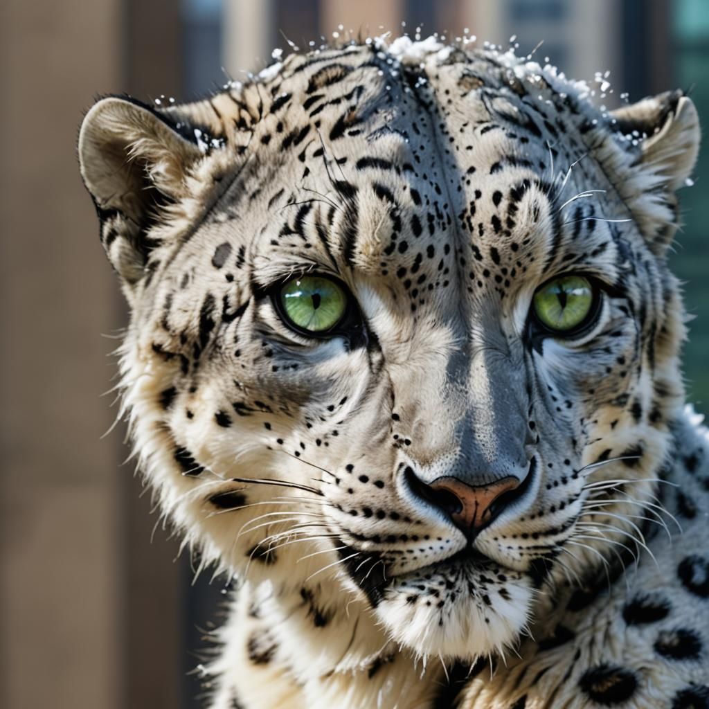 Photorealistic Snow Leopard Cyborg Near Skyscraper