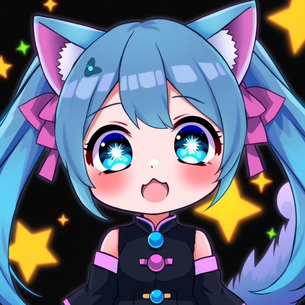 Adorable Chibi Katsune in Cyberpunk Style