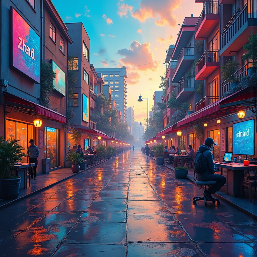 Web Development Cityscape in Graffiti Art Style