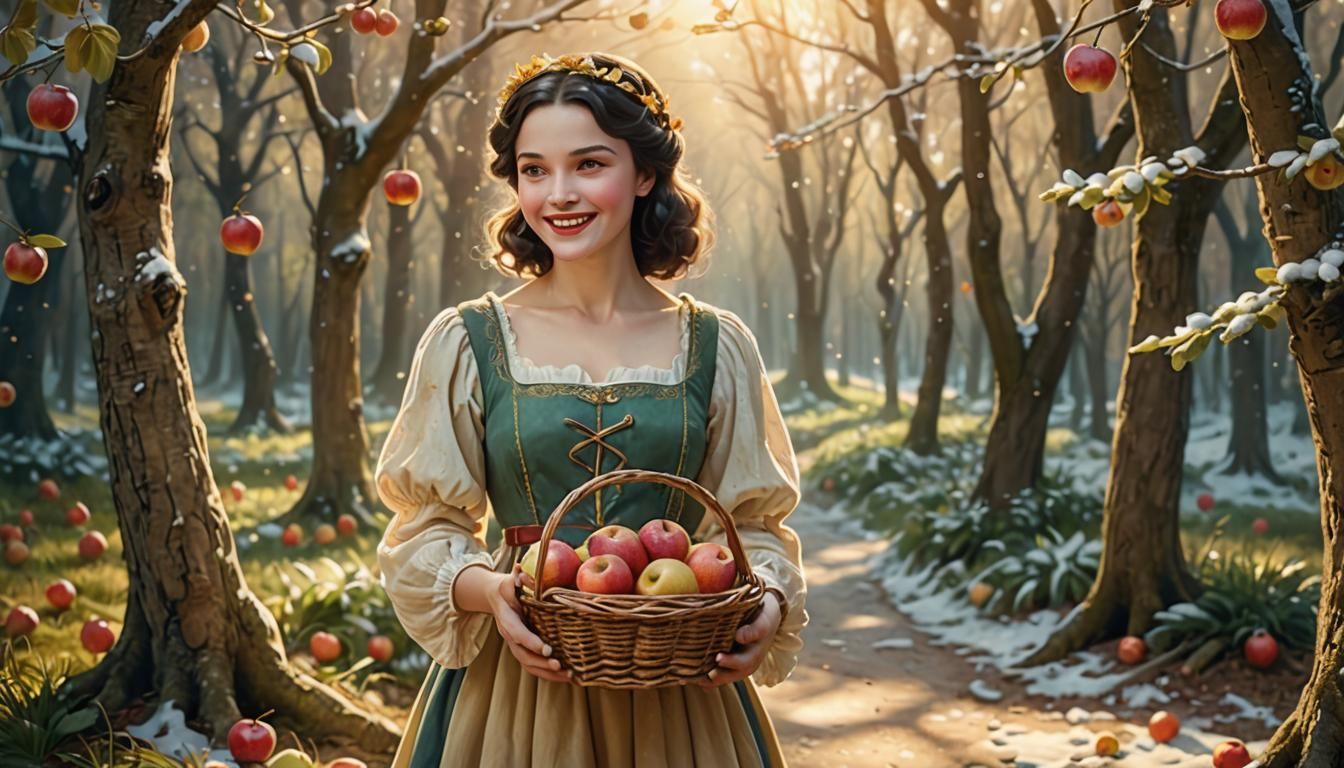 Snow White in Lush Forest: Whimsical Illustration