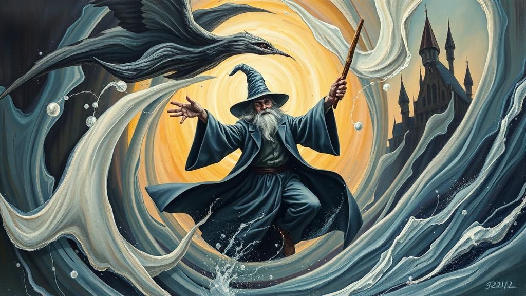 Wizard Emerges Through Vortex in Surrealist Style