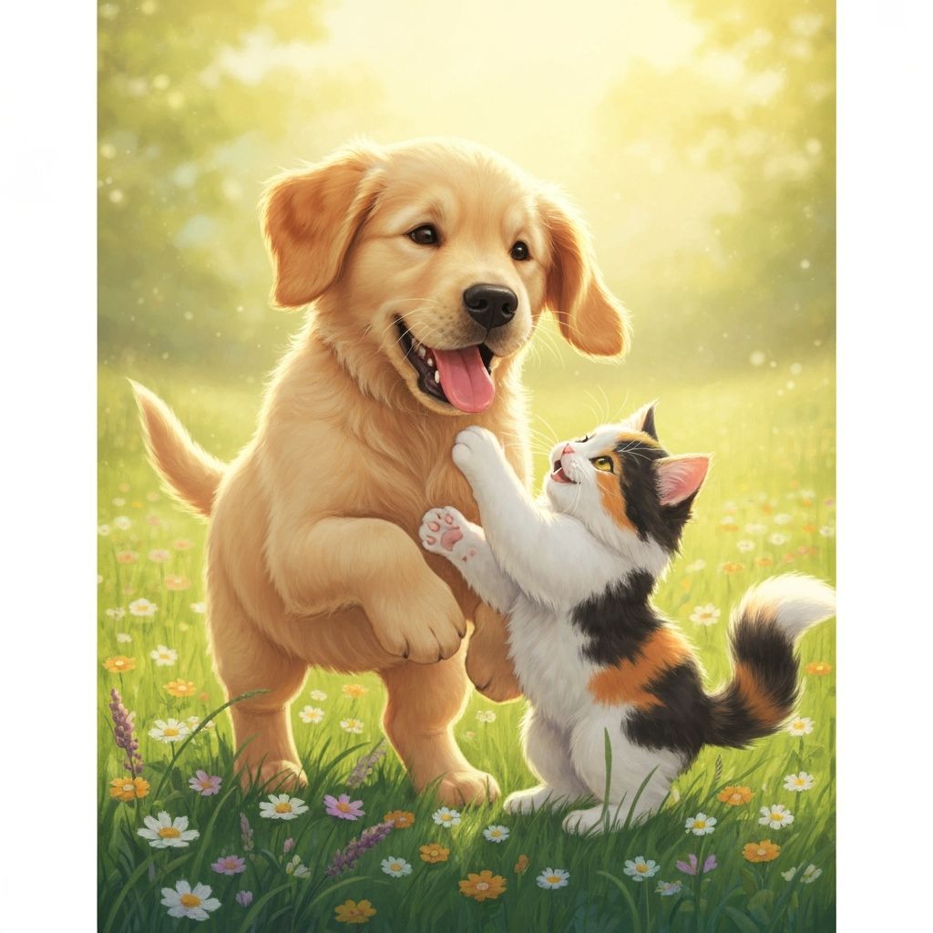 Golden Retriever Puppy and Calico Kitten Play in Meadow