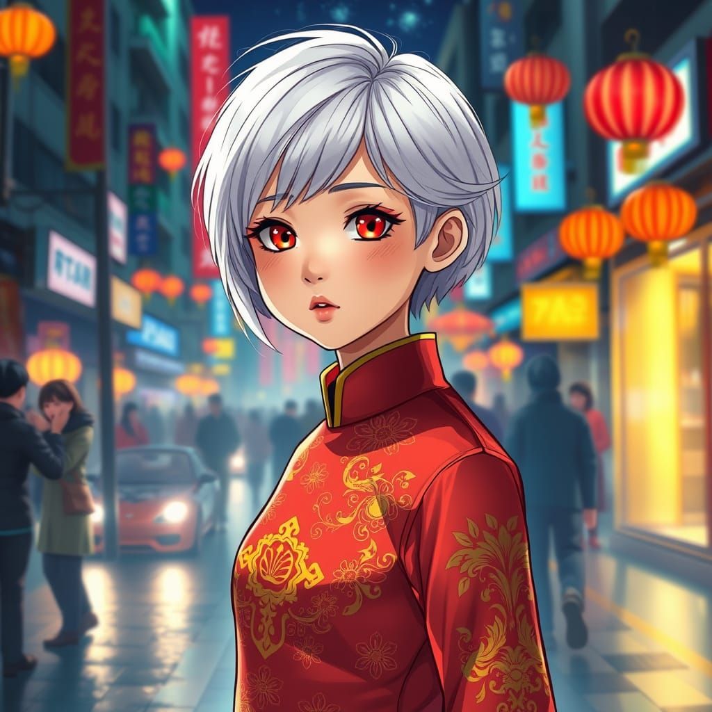 Elegant Girl in Vietnamese Ao Dai Walks Through Lunar New Ye...