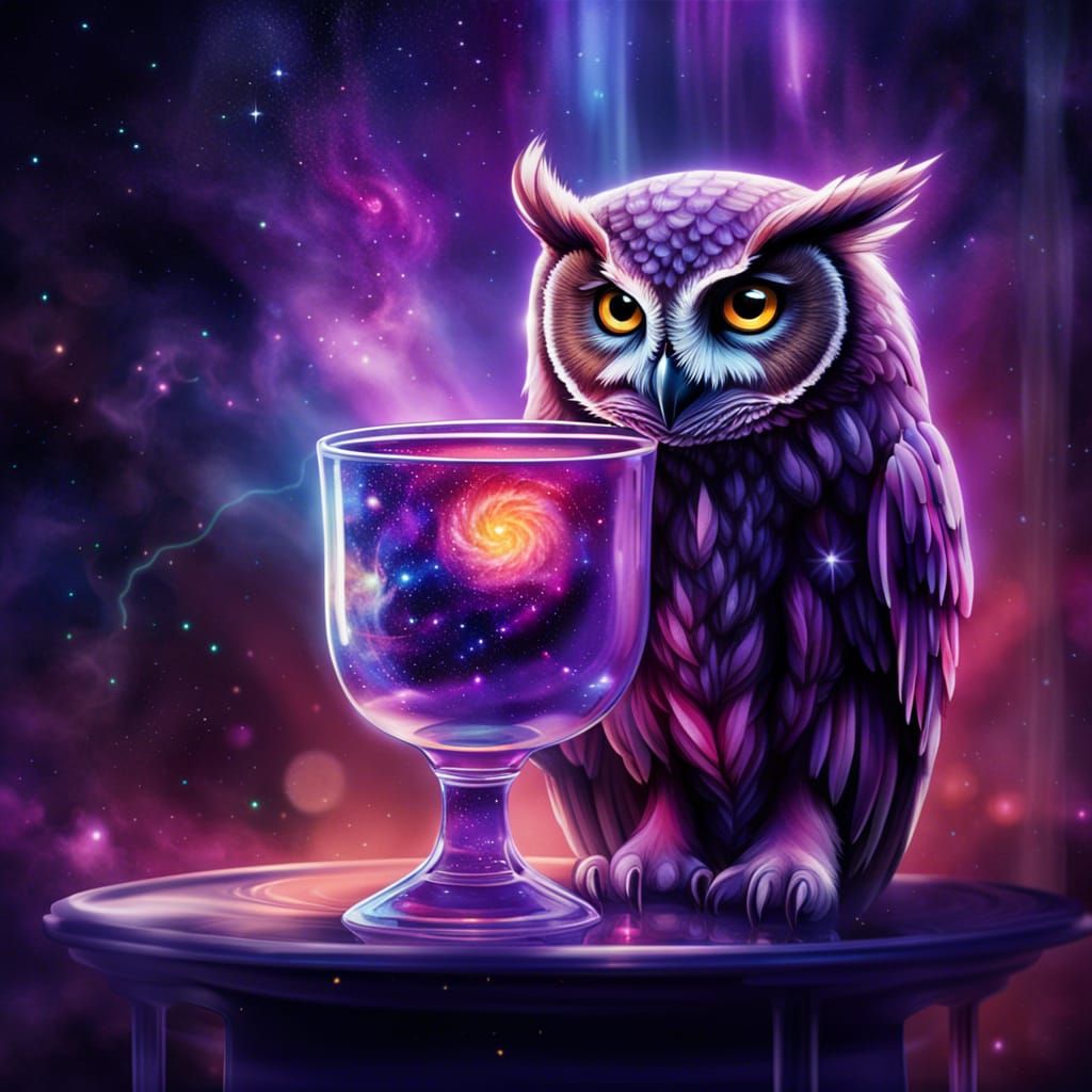 Galactic Owl Perched on Glass in Fantasy Art Style