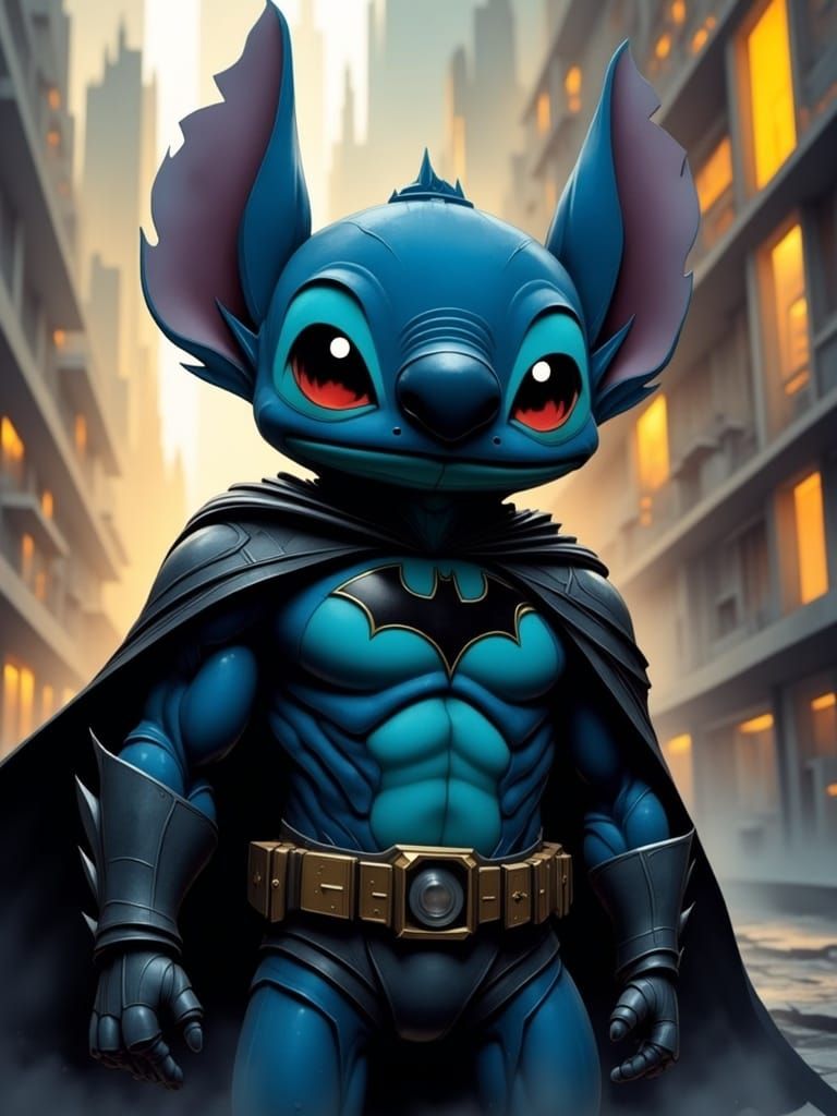 Stitch as Batman in Retrofuturistic Brutalism