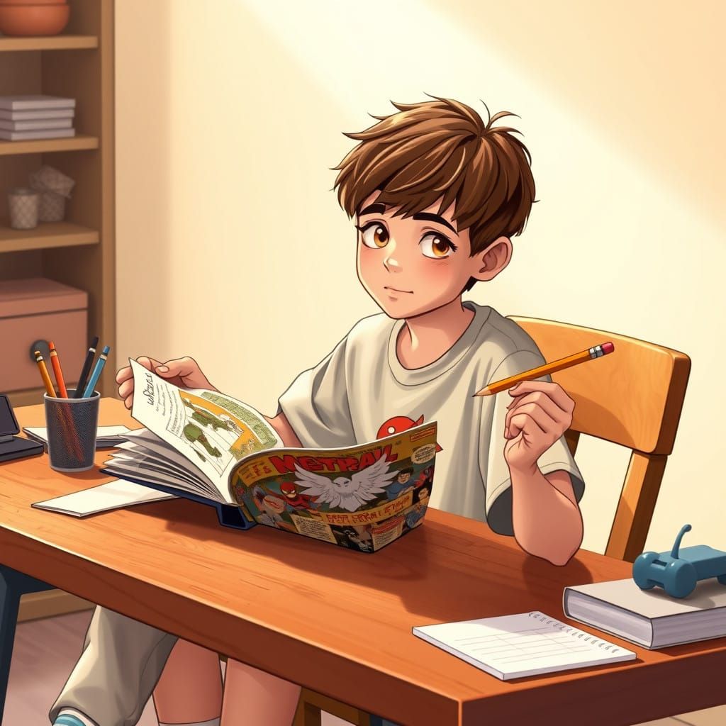 Energetic Teen Boy at Study Table in Casual Attire