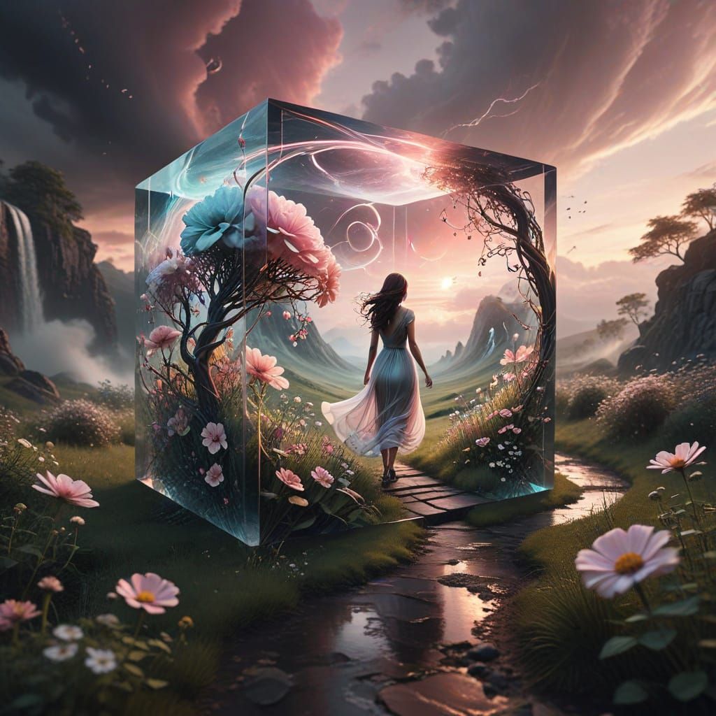 Serene Hippie Lady in a Glass Cube Amidst a Pristine Meadow