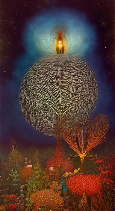 Fairytale Mycena Mushroom Dreamscape in Rich Colors