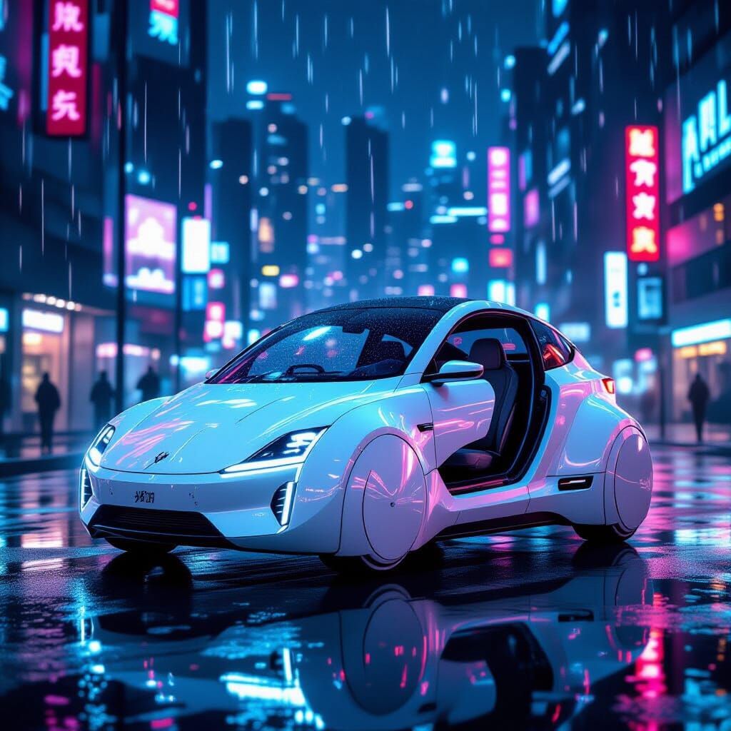 Retro Futuristic Bubble Car in Cyberpunk City
