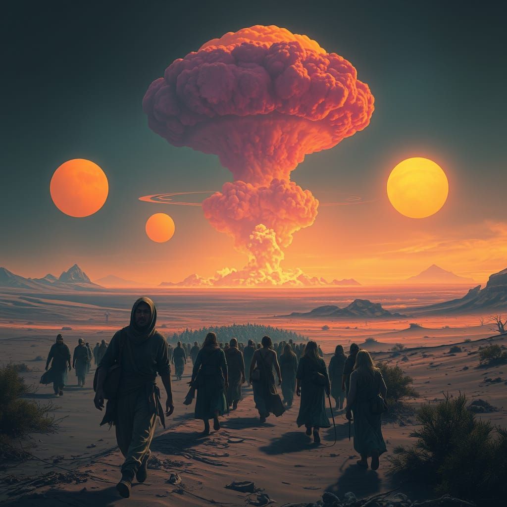 Dystopian Desert Mirage Under Three Suns