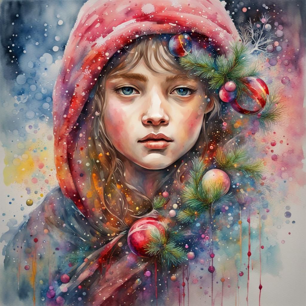 Splashy Christmas Portrait in Watercolor Style