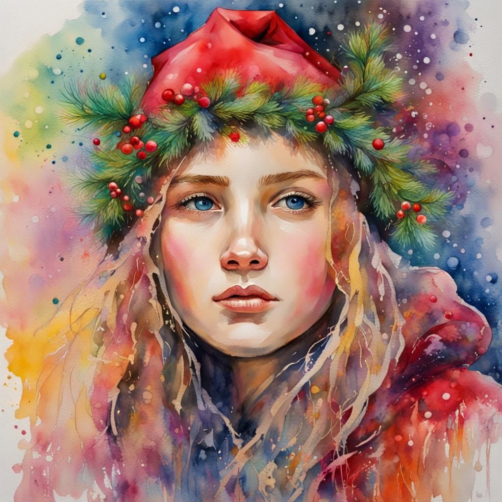 Festive Christmas Portrait in Splashy Watercolor Style