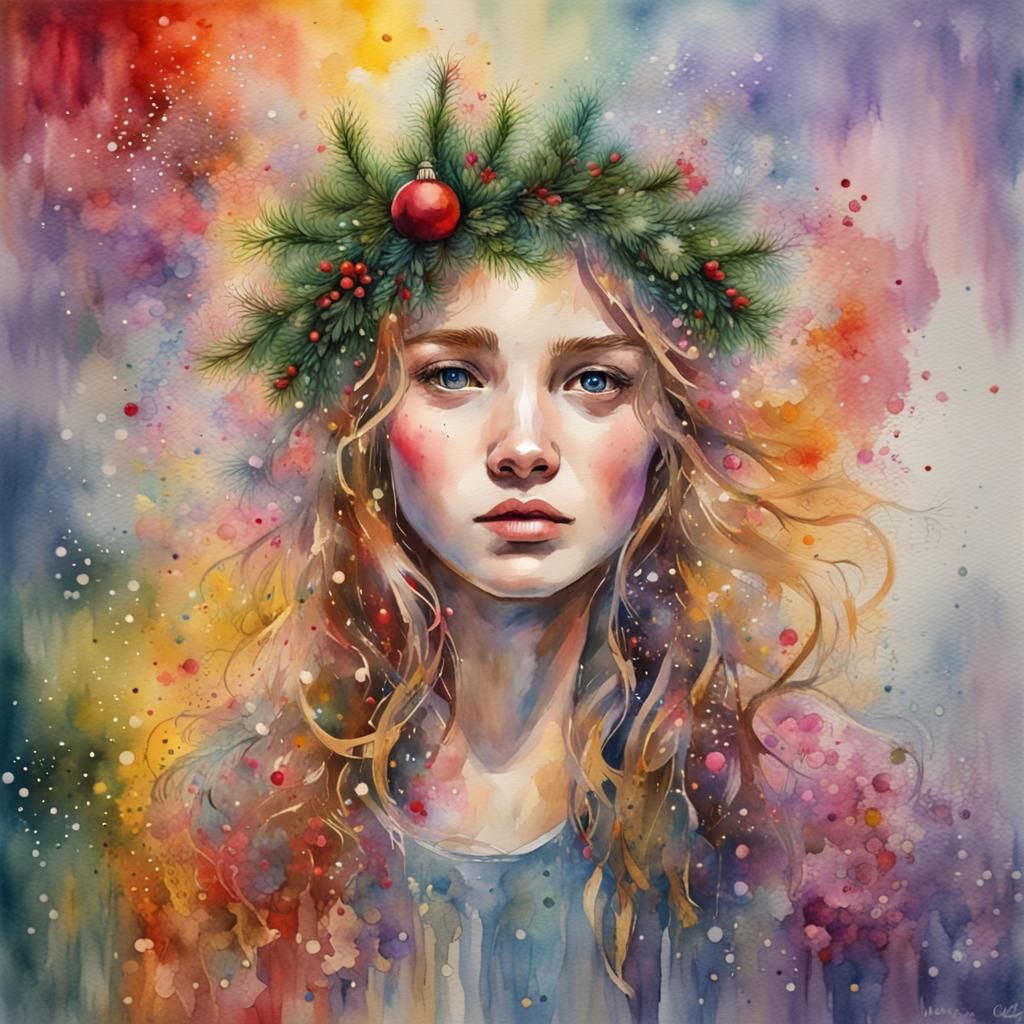Christmas Portrait in Splashy Watercolor Style