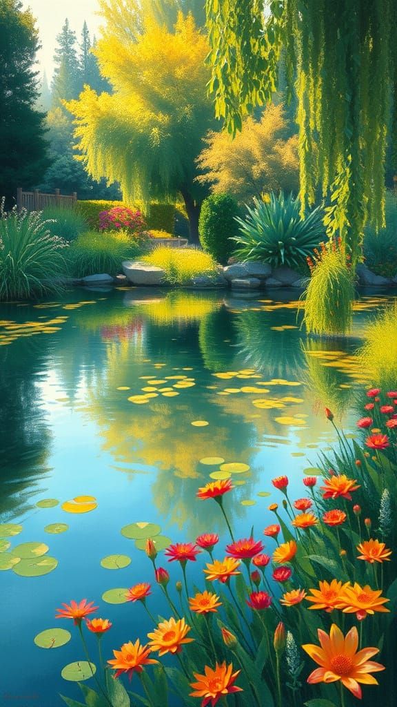 Dreamy Oasis Lake in Impressionist Style