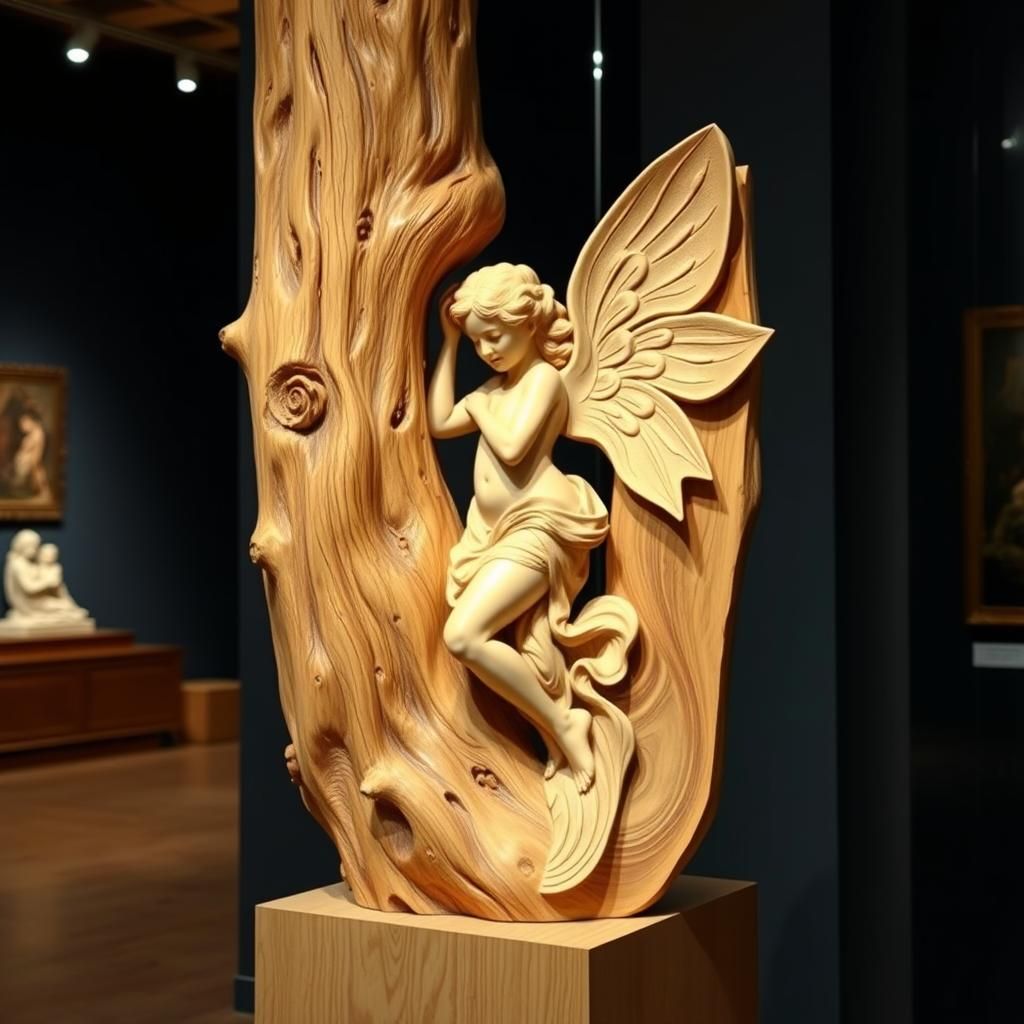 Elegant Wood Nymph Sculpture on Museum Pedestal