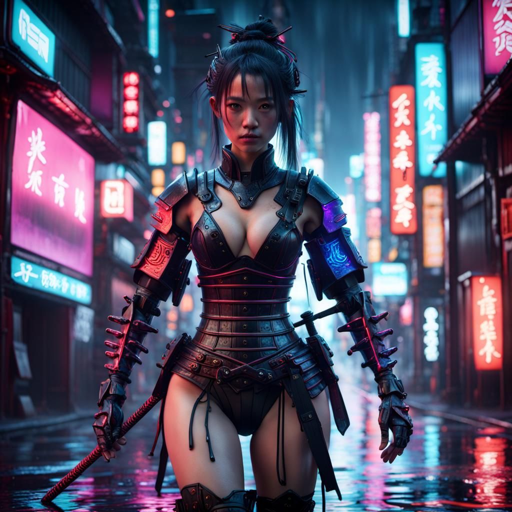 Cyberpunk Samurai with Robotic Legs in Neon City