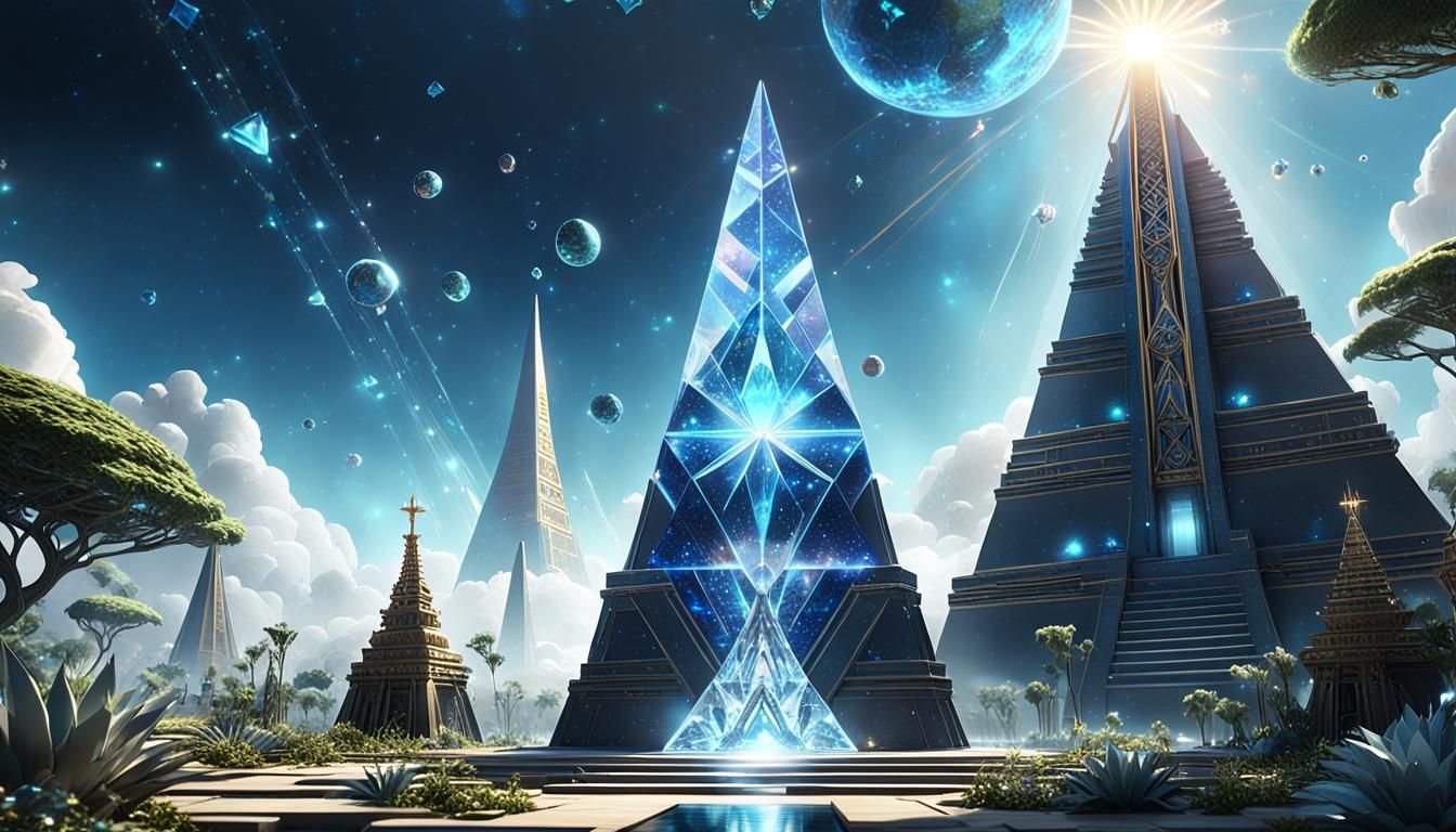 Crystal Spire with Sacred Geometry in Galactic Garden