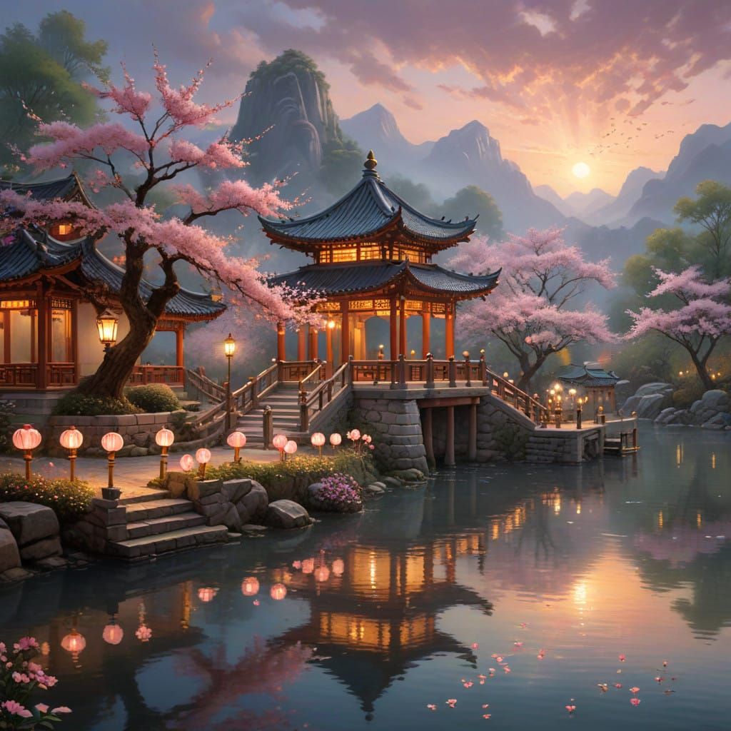 Ancient Chinese Pavilion Under Moonlit River