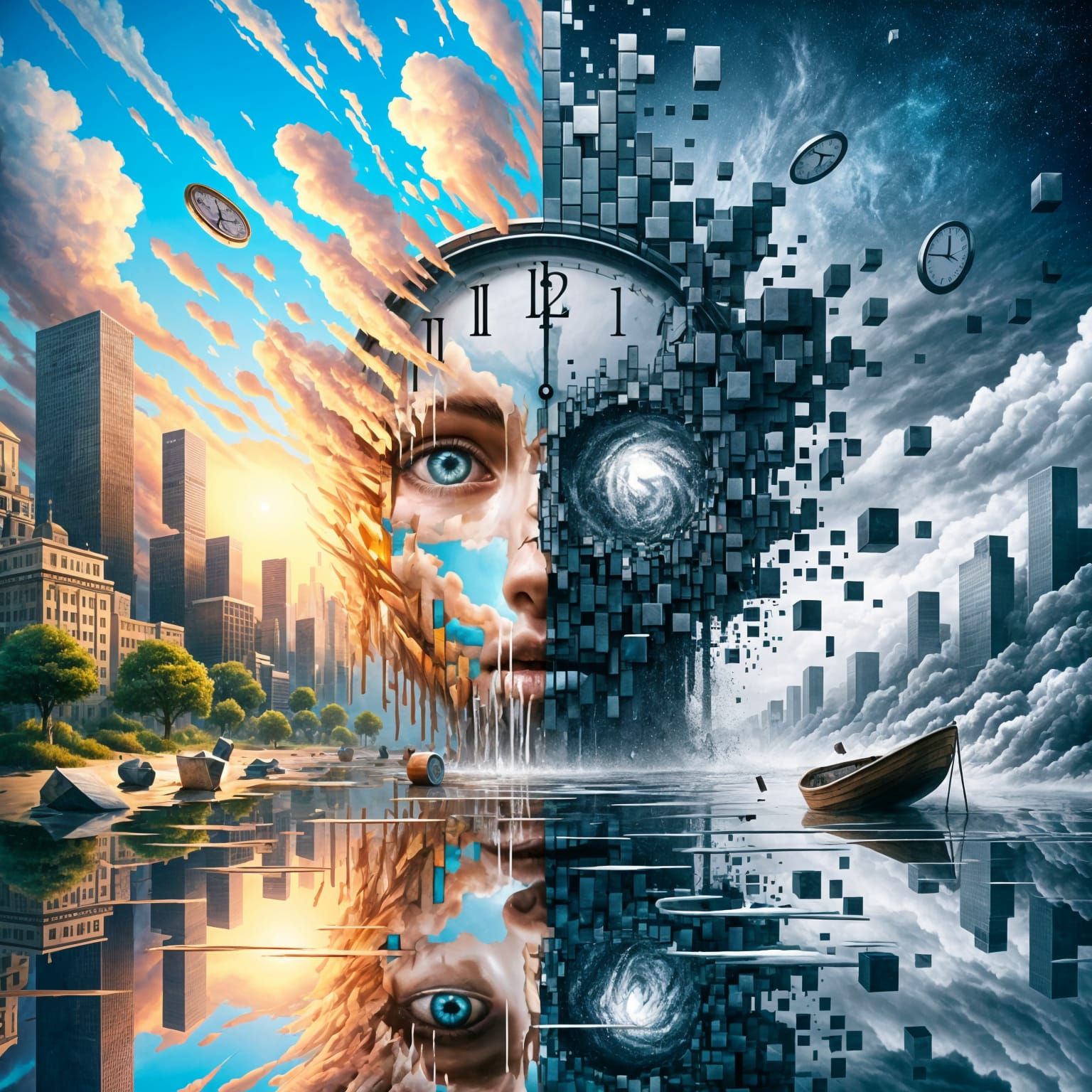 Dreamlike Reality Remix: Melting Mirrors and Pixelated Skies