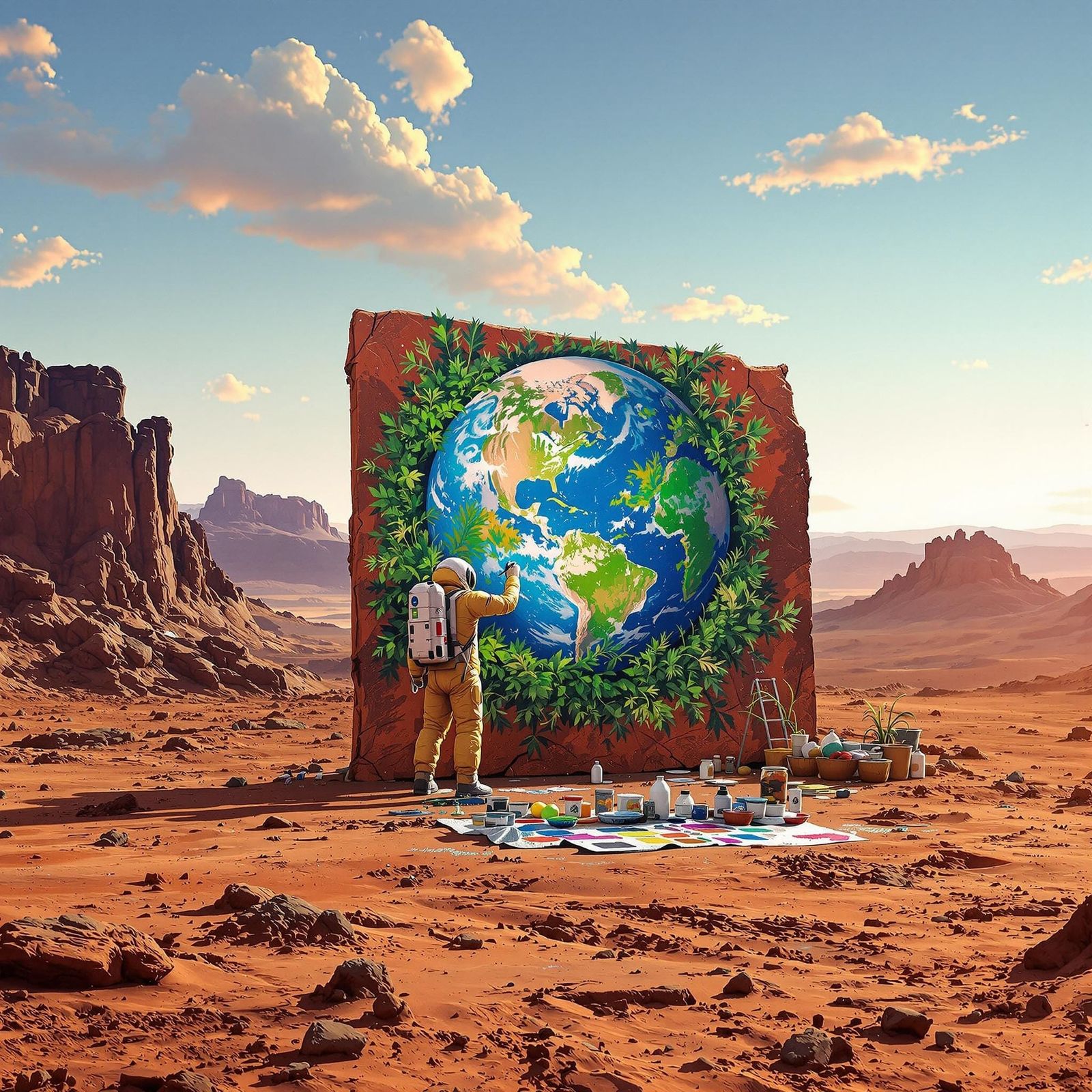 Astronaut Paints Earth Mural on Mars in Matte Painting Style