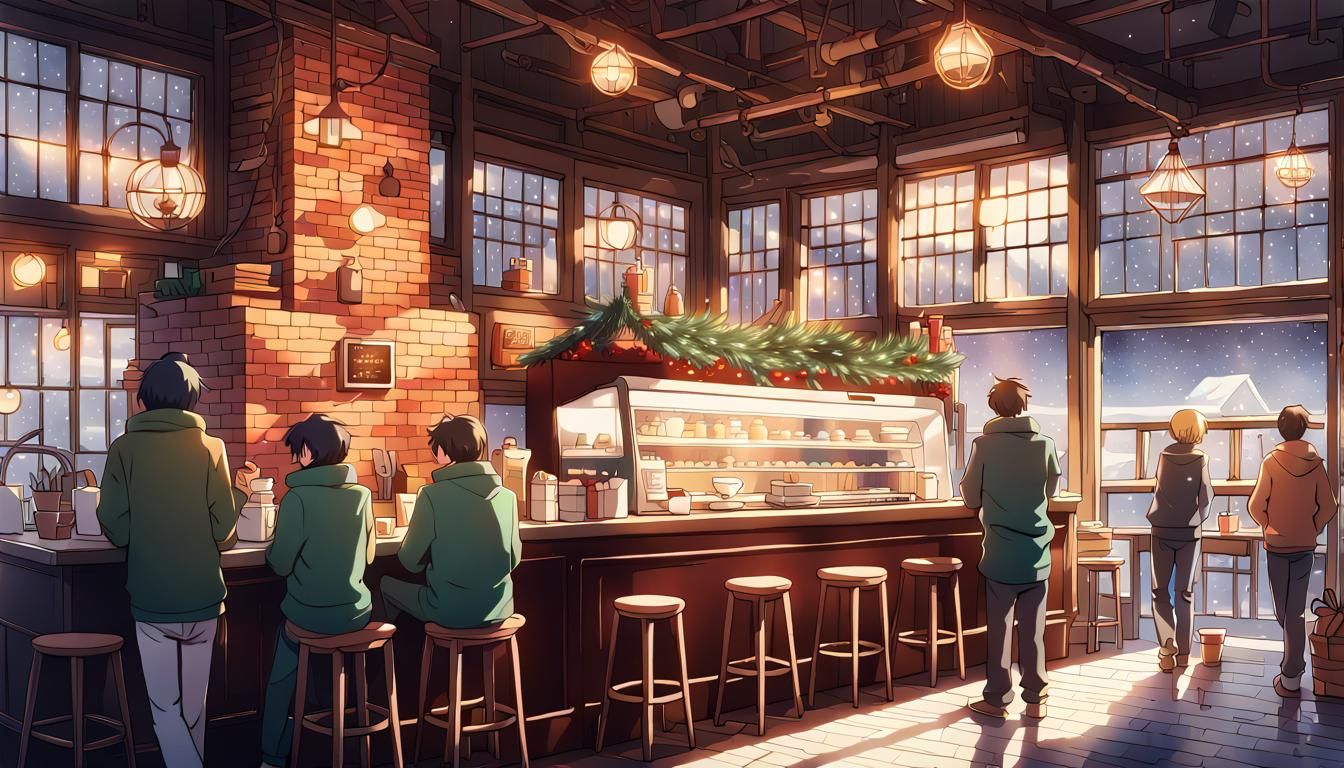 Anime Christmas Coffee Shop in Manga Style
