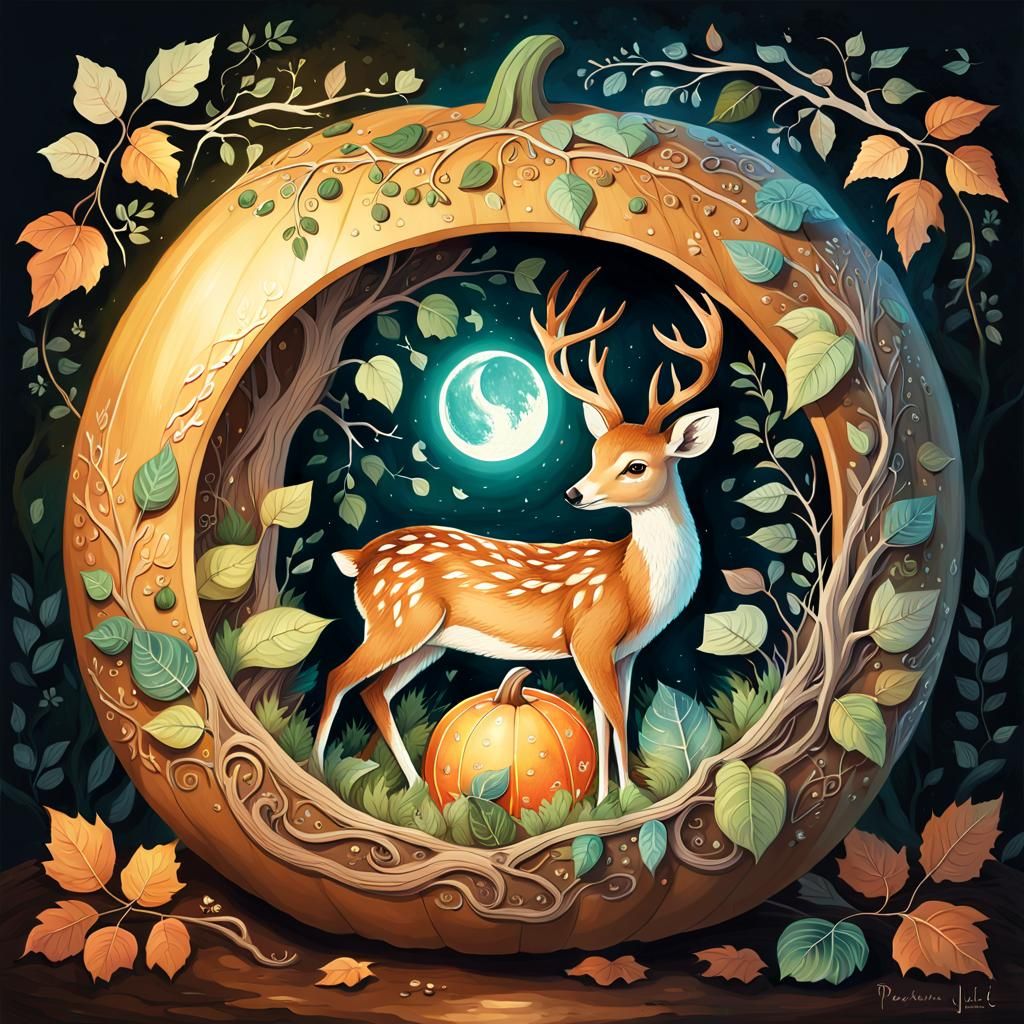 Magical Gourd with Woodland Creatures in Watercolor