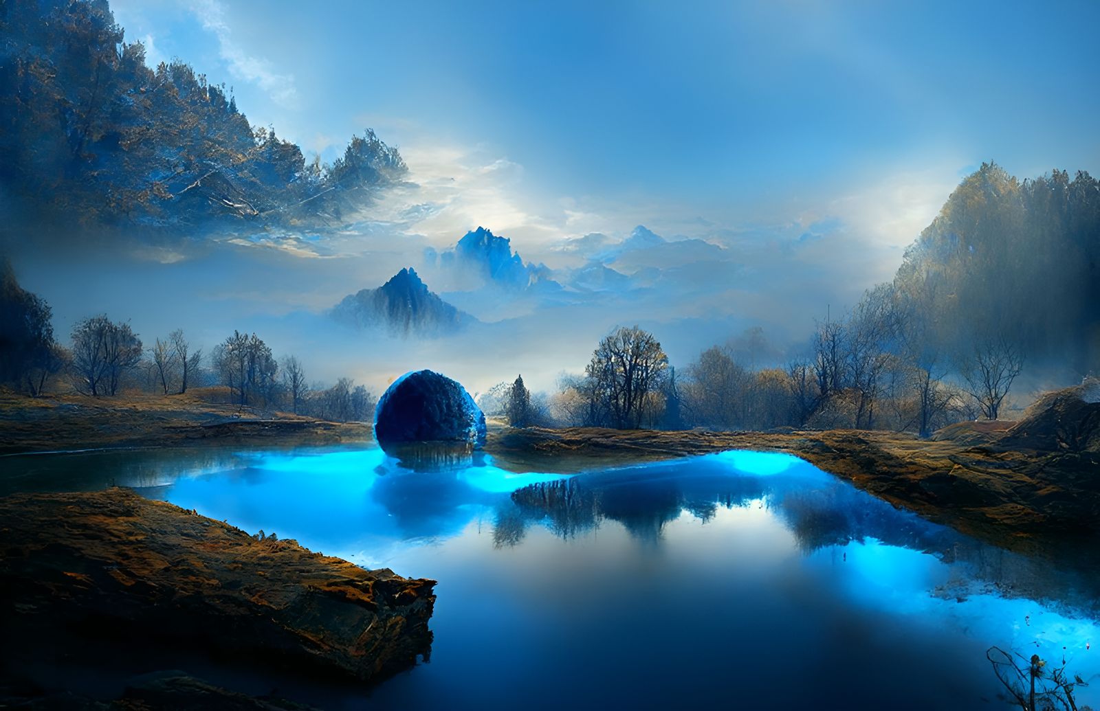 Cyan Pond and Mountain in Haunting Landscape