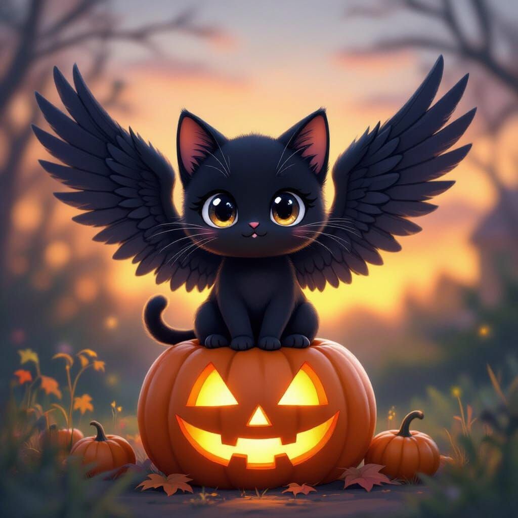 Chibi Winged Black Cat on Pumpkin