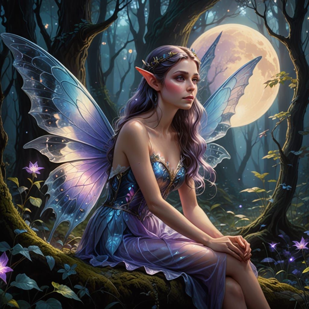 Ethereal Elf Fairy Under Moonlit Forest Glow